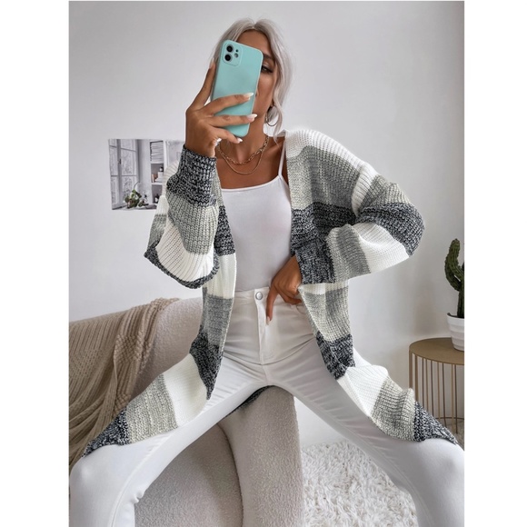 Colorblock Stripes Open Knit Cardigan Knee Length - Picture 3 of 9